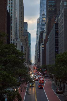The Tudor City overpass, looking west over East 42nd Street, is one of the best (and safest, since it’s shielded from traffic) places to observe Manhattanhenge, according to Dr. Jackie Faherty of the American Museum of Natural History. Photo: Abigail Gruskin