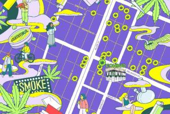 A map shows unlicensed Lower East Side cannabis shops near state sanctioned smoke shop Conbud. Credit: Illustration by Naomi Otsu
