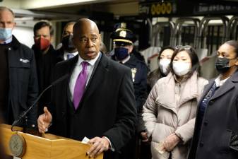 Mayor Eric Adams provides an update on the fatal attack of an Asian woman in Times Square, NQR subway station on Saturday, January 15, 2022. Photo: Ed Reed/Mayoral Photography Office