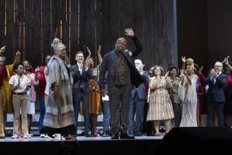 Composer Terence Blanchard taking a curtain call following the performance of his opera “Fire Shut Up in My Bones,” which opened the Metropolitan Opera’s 2021-22 season. Photo: Rose Callahan / Met Opera