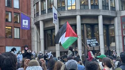 Pro-Palestine NYU students and faculty on April 22 protest and demand NYU divest from holdings in Israel.