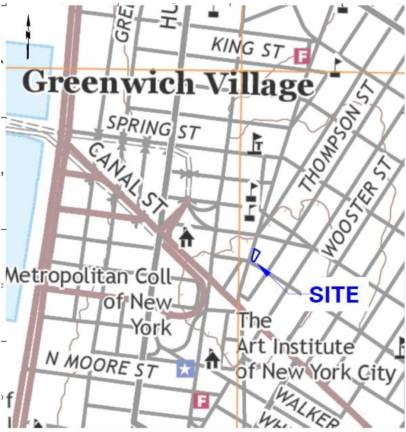 A map depicting 92-98 Avenue of the Americas, which is currently a brownfield owned by Trinity Church. Trinity has proposed building a six-story office building there, but the pollution from a gas station that used to occupy the site has made the prospect increasingly difficult--it has required a DEC-supervised cleanup.