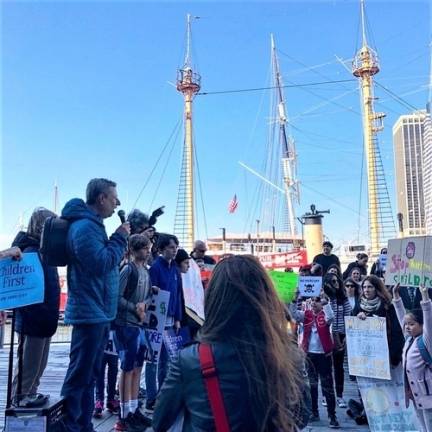 Michael Kramer, a steering committee member of Save Our Seaport and a public member of Community Board 1, addressed a rally in May. Photo: Emily Higginbotham