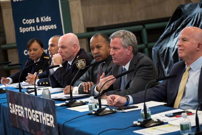 Mayor Bill de Blasio announces crime statistics for the month of October at NYPD’s first community center in East New York, Nov. 6, 2019.
