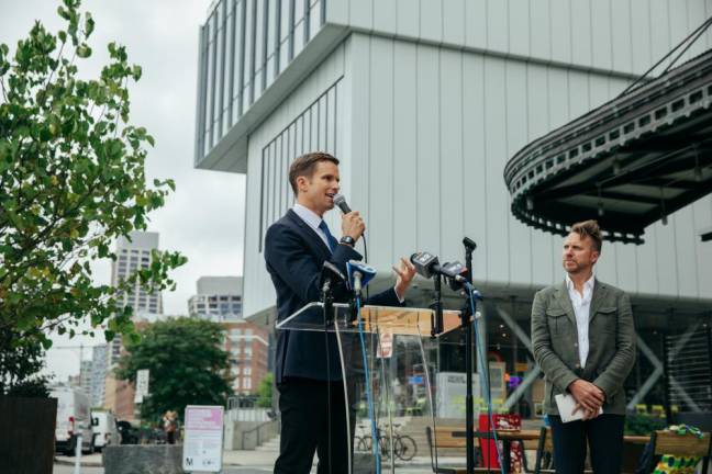 New York City Council Member Erik Bottcher delivers remarks at the unveiling of Gansevoort Landing in the Meatpacking District on Sept. 28, 2023.