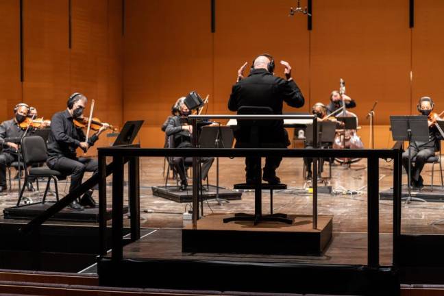 The American Symphony Orchestra on the set of “United We Play” at Bard Fischer Center. Photo: Matt Dine