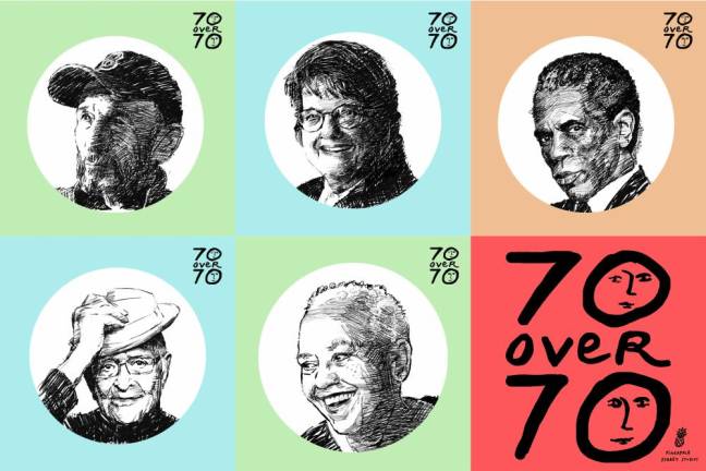 Portraits of “70 Over 70” interview subjects by Lynn Staley: (top row, left to right) Marty Linsky, Sister Helen Prejean, André De Shields, (bottom row) Norman Lear and Nikki Giovanni; Cover art (bottom right) by Maira Kalman