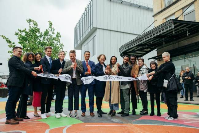 The Meatpacking District Management Association and city partners celebrated the unveiling of Gansevoort Landing, a new public plaza featuring a street mural commissioned by the Whitney Museum