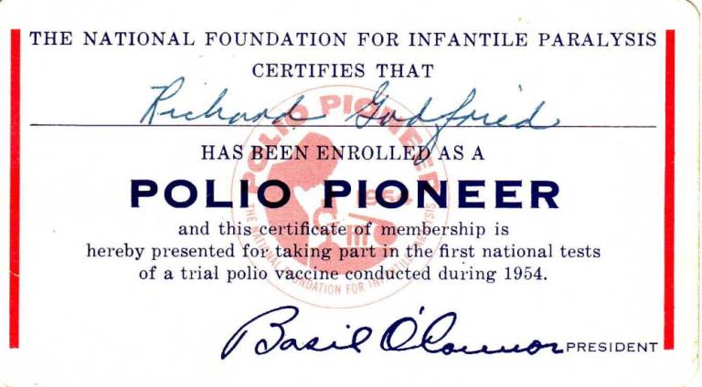 New York Assembly Member Richard Gottfried’s 1954 polio vaccine card (with his last name misspelled). Photo courtesy of Richard Gottfried
