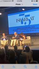 <b>Author Yossi Klein Halevi (far left), former Israeli ambassador to the US Michael Ormen (center) and Jodi Rudoren, The Editor of The Forward, drew a crowd to a panel debating “What’s Next for Israel” at the 92nd Street Y on June 5th.</b> Photo: Jon Friedman