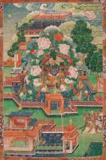 A painting depicting the deity known as Green Tara; Tibet; 18th/19th century; Ground mineral pigment on cotton. Gift of Shelley and Donald Rubin.