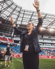 Alyse LaHue, Sky Blue FC general manager, after a match last season at Red Bull Arena.