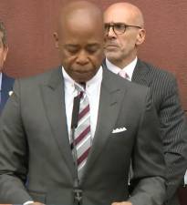 Mayor Eric Adams at a press conference announcing the “Get Sheds Down” initiative, with some help from the DOB Commissioner Jimmy Oddo (pictured behind him).