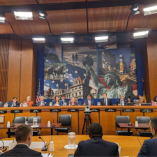 (Officials from the Office of Cannabis Management, from left to right): Patrick McKeage, First Deputy Director; Chris Alexander, Executive Director; Damian Fagon, Chief Equity Officer. They faced questions in a New York State Senate hearing on legal and illegal cannabis shops.