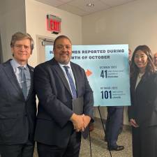 Supporters of a state push to expand the definition of what constitutes a hate crime, from left to right: State Senator Brad Hoylman-Sigal, Manhattan District Attorney Alvin Bragg, and State Assemblymember Grace Lee.