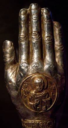 Arm Reliquary of Saint Nicholas. The medallion on the hand of the reliquary identifies it as containing the bones of the saint. Photo: Adel Gorgy