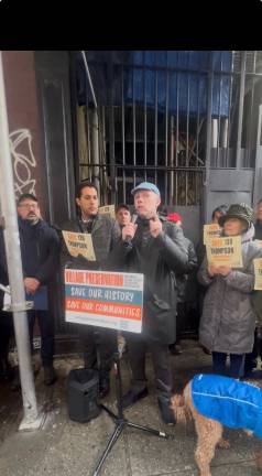 The executive director of Village Preservation, Andrew Berman, hosted the Feb. 20 rally in front of 139 Thompson St.