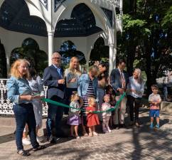 The ribbon cutting at the gazebo. Note the golden scissors! Congressman Dan Goldman arrived just after this photo was taken.