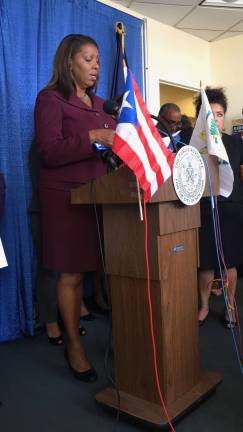 Public Advocate Letitia James discussed plans to help Puerto Ricans and others displaced by the recent hurricanes. She and others spoke at City Hall on Oct. 12. Photo: Mihika Agarwal