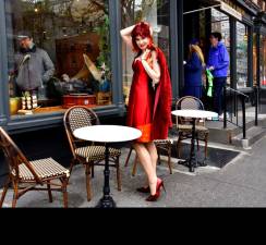 <i><b>Manhattan model Karen Rempel paints the town red at Travelers Poets &amp; Friends, a heartful Italian café market, bistro, and bakery, centered between the Pamina gelato shop and the elevated New Italian restaurant, Alaluna.</b></i>