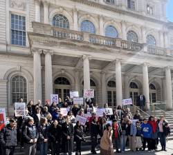 Local advocates rallied at City Hall on April 8 to demand greater transparency around arts education funding.