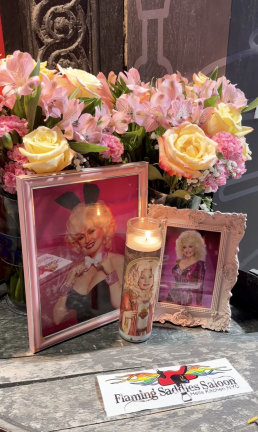 Flaming Saddles, a country-western gay bar in Hell’s Kitchen put a Dolly Parton memorial up Aug. 25.
