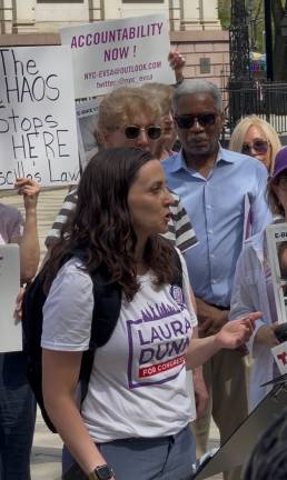 Laura Dunn (above), who is running to represent Manhattan in Congress, told <i>Straus News </i>that there should be “crime victim compensation” for those struck by e-bike or e-scooter riders.