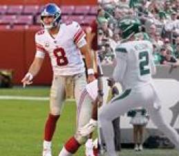 Giants QB Daniel Jones (left) engineered a dramatic come from behind victory in Week 2 while Jets QB Zach Wilson tossed three interceptions in the fourth quarter. Photos: Wikimedia Commons