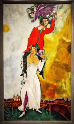 Marc Chagall's tender wedding portrait "Double Portrait with Wine Glass" shines in the Jewish Museum's "Chagall, Lissitzky, Malevich: The Russian Avant-Garde in Vitebsk, 1918-1922." Photo: Adel Gorgy