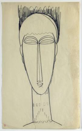 Amedeo Modigliani. "Head," c. 1911. Black crayon on paper, 16 x 10 in. Musée des Beaux-Arts, Rouen. Gift of Blaise Alexandre, 2001