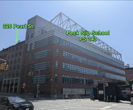 Former Hampton Inn at 320 Pearl Street next to Peck Slip School, P.S. 343.