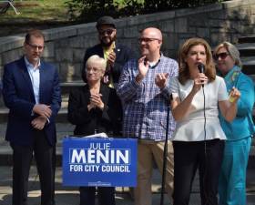 City Council candidate Julie Menin speaking at rally at Carl Schurz Park. Photo: Emily Higginbotham