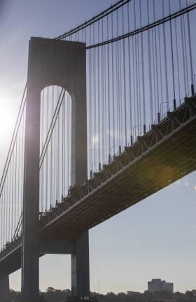 A view of the Verrazzano-Narrows Bridge from the Hudson River.