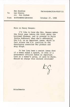 Katharine Graham to Ben Bradlee and Len Downie, October 27, 1988. The University of Texas at Austin, Harry Ransom Center