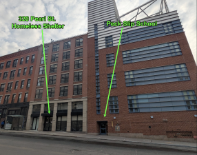 320 Pearl St. homeless shelter and Peck Slip School, Feb. 15, 2026.