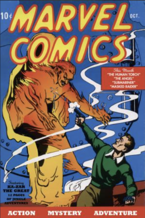 Cover of Marvel Comics #1, the publisher’s first issue in 1939, fearing the android Human Torch and the Sub-Mariner. It was written by Al Anderson, Carl Burgos, Bill Everett, Paul Gustavson, and Ben Thompson.