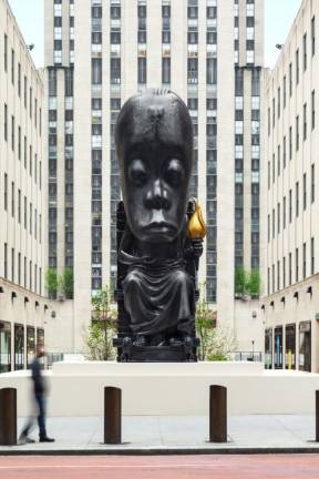 Sanford Biggers’ “Oracle” is part of a survey exhibition presenting works by Biggers across Rockefeller Center’s campus through June 29. Photo: Daniel Greer, courtesy of Art Production Fund.
