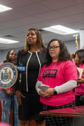 New York State Attorney General Letitia James giving a speech at the press conference. (Priyanka Rajput)