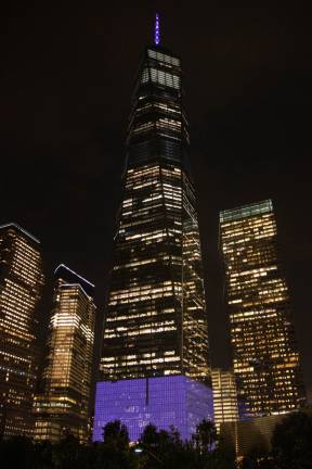 One World Trade Center lit up in purple on June 5, in honor of Alzheimer's and Brain Awareness Month. Photo: Jonathan Ortiz 