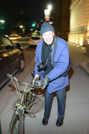 Bill Cunningham (with omnipresent bike) at the opening of the "Facades" exhibition at the New-York Historical Society in 2014. Photo: Don Pollard 
