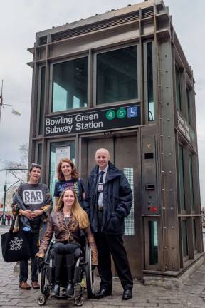 Disability activists Jennifer Bartlett (left), Jessica Murray, and April Coughlin with NYC Transit Chief Andy Byford in April 2018. Photo: Erik McGregor