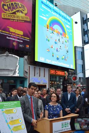 City Council Member Ydonis Rodriguez (left) and DOT Commissioner Polly Trottenberg announce plans to close Broadway to vehicle traffic on Earth Day at a press conference in Times Square April 12. Photo: Michael Garofalo