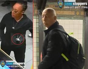 Left: Woman wanted for robbery, inset of her medallion shown, April 9; Right: Man wanted for public lewdness, April 10.