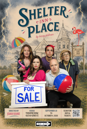 The cast of Shelter Inn Place” at Theatre Row on West 42nd Street: Front row (L-R): Haley Zale, Mike Roche. Back row (L-R): Alyssa Simon, Aaron Lamm and Martin Revere.