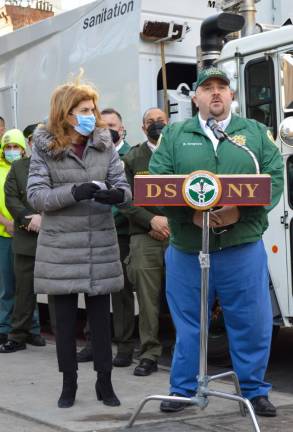 Julie Menin (left) spoke alongside New York City Department of Sanitation Commissioner Edward Grayson (right) in mid-January about what they both described as a welcome change to keep the district’s streets clean. Photo: Abigail Gruskin