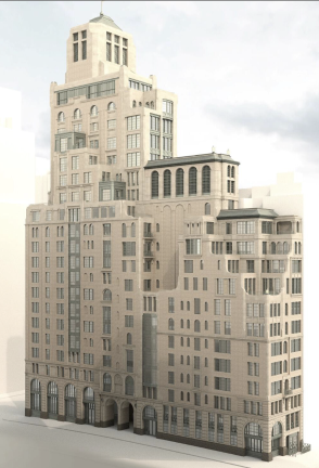 38 Gramercy Park East and 258 Third Avenue. This rendering reveals plans for the proposed 20-story residential tower featuring limestone cladding, arched windows, and cascading terraces.