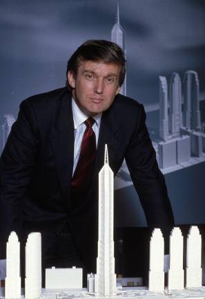 Donald Trump in late 1985 with model of “Television City,” a development proposal for the former West Side rail yards, now Riverside South. Photo: Bernard Gotfryd, public domain, via Wikimedia Commons