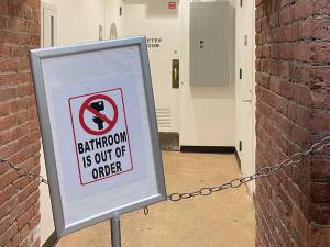 The roped-off entrance to the public adult restroom in the basement of Jefferson Market Library on Feb. 17.