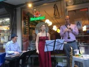 Butterfly Blue performing at Bread N Wine: On keyboard is David Pearl, singer is Gizem Gokoglu, Linus Wyrsch on clarinet and tenor sax. Photo courtesy of H.R. Feldman