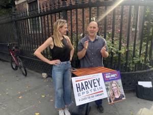 While it appears that Virginia Maloney is marveling at the sunbeam from the heavens alighting on top of the cranium of Harvey Epstein, it was actually the setting on the morning of Sept. 30 for the two Democratic candidates for City Council to announce they are cross-endorsing each other in their respective races.